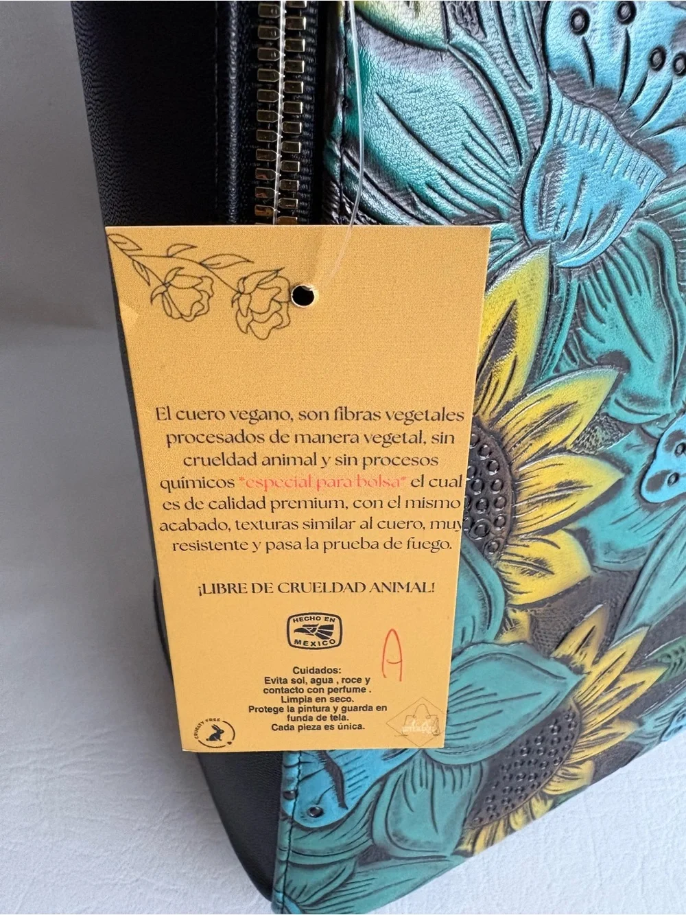 Handpainted Floral Sunflower Vegan Leather Backpack - Black & Teal